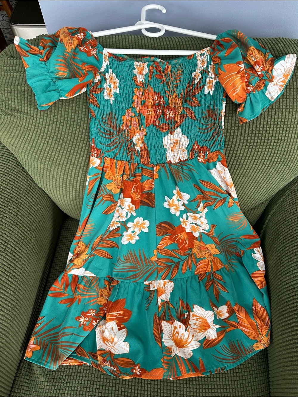 Tropical Off-Shoulder Floral Dress in Teal & Orange